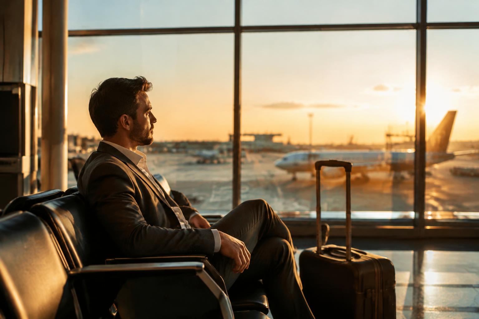 Viajero de negocios esperando su vuelo en la terminal al atardecer